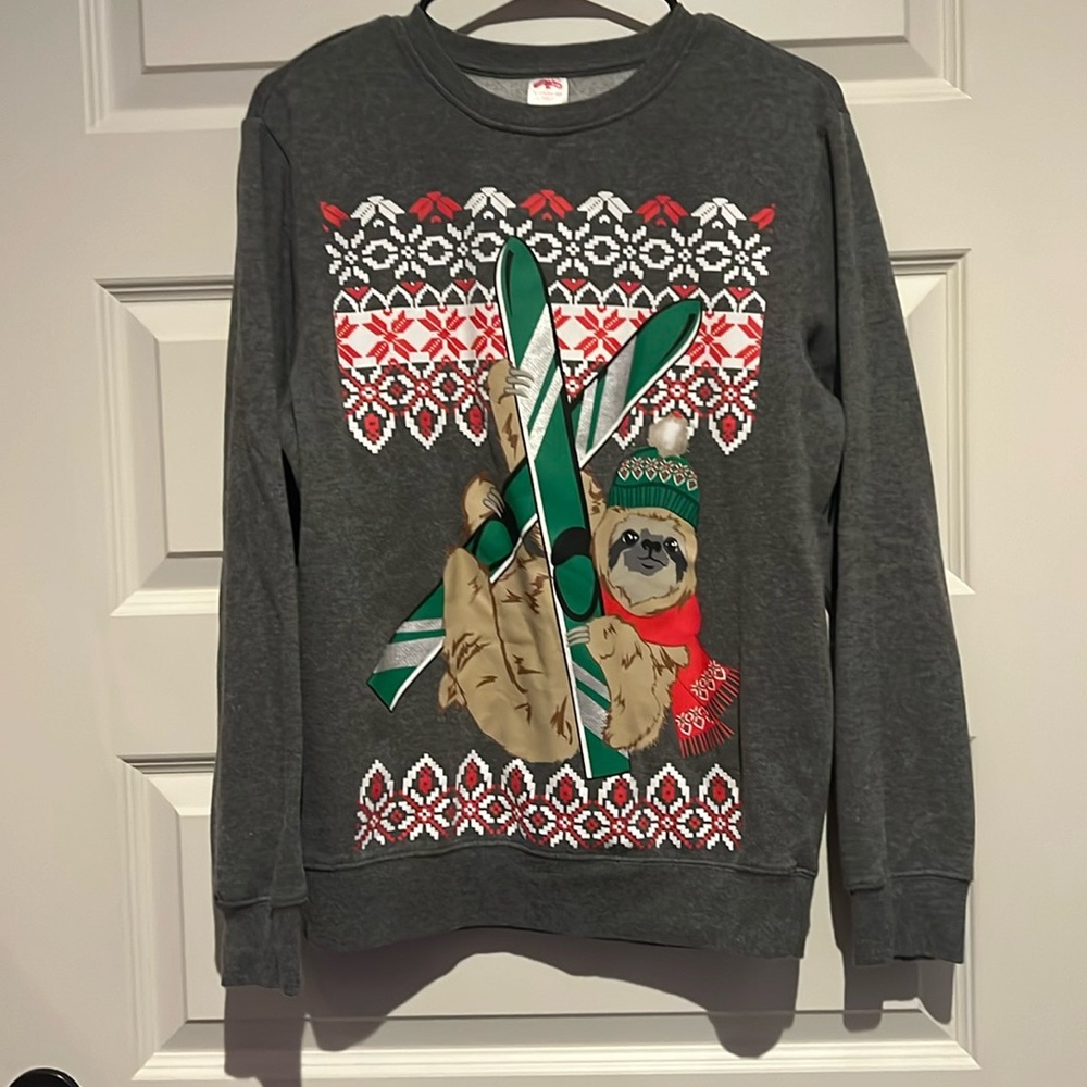 Grey sloth themed Christmas sweater